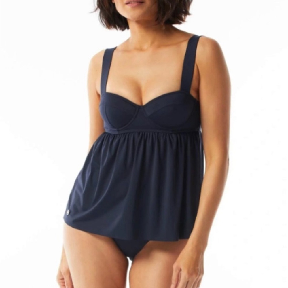 MICHAEL Michael Kors Women's Set Baby Doll Tankini Top Navy Blue+ Bikini Bottom